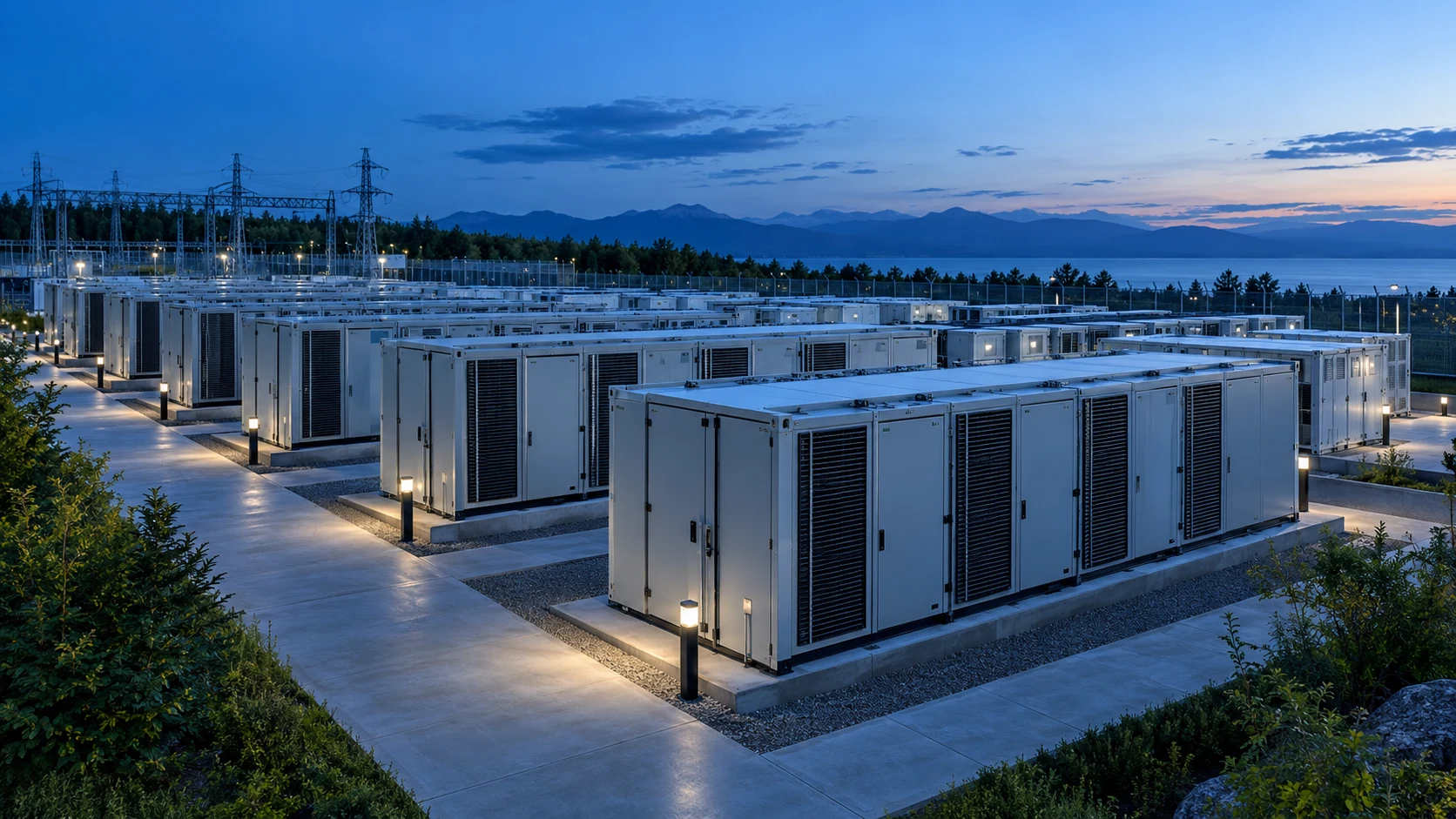 Illustrative utility-scale battery storage containers in a landscaped installation